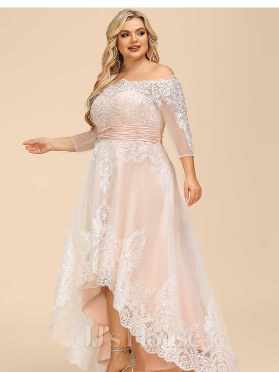 JJs House Dresses & Skirts - JJs House Blush Off-Shoulder Lace High-Low Gown